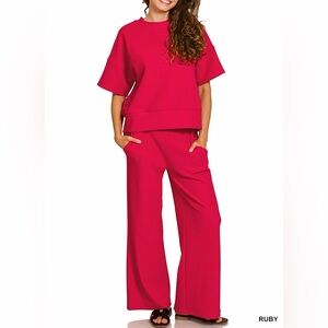 ♥️ Hello Red!! Zenana Ribbed Round Neck Tee & Pants Set - Ruby Red